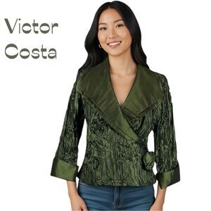 Victor Costa Satin Olive Green Top Size 4 Whimsical Glam Event Holiday